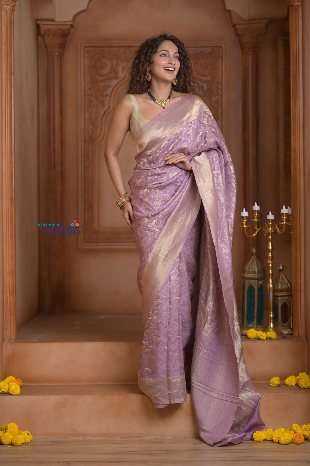 Shubh Lakshmi ~ Handloom Pure Mysore Silk Crushed Crepe Saree in Lilac Pink (Silk Mark Certified) - verymuchindian.com