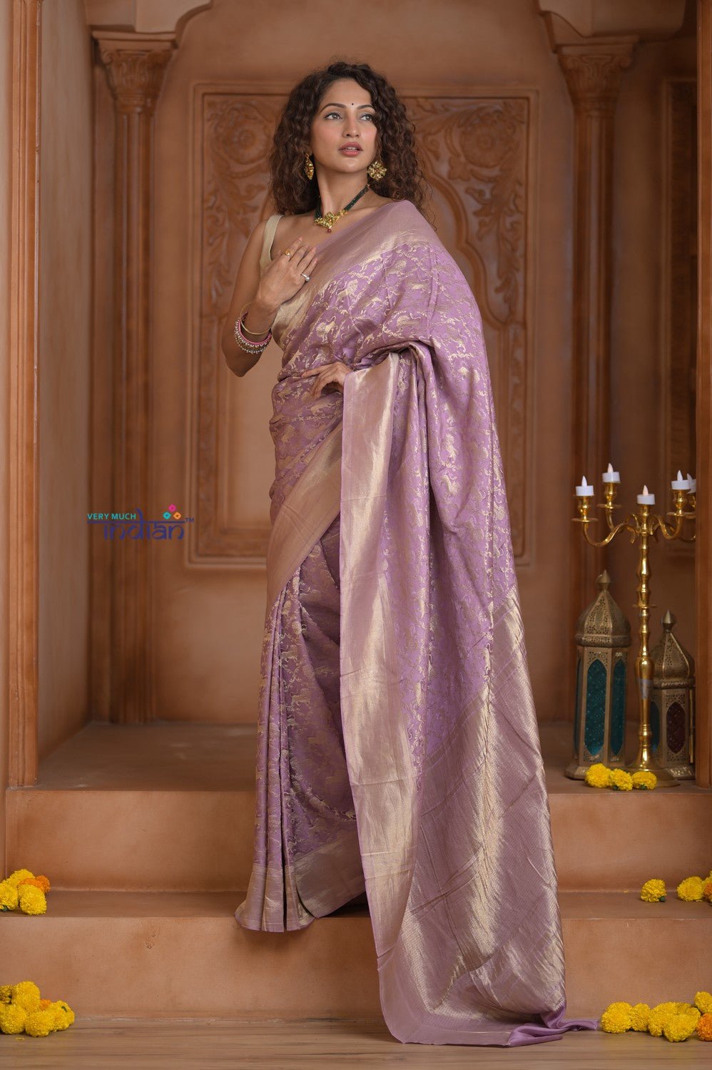 Shubh Lakshmi ~ Handloom Pure Mysore Silk Crushed Crepe Saree in Lilac Pink (Silk Mark Certified) - verymuchindian.com