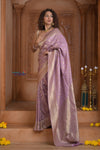 Shubh Lakshmi ~ Handloom Pure Mysore Silk Crushed Crepe Saree in Lilac Pink (Silk Mark Certified) - verymuchindian.com