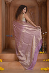 Shubh Lakshmi ~ Handloom Pure Mysore Silk Crushed Crepe Saree in Lilac Pink (Silk Mark Certified) - verymuchindian.com