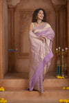 Shubh Lakshmi ~ Handloom Pure Mysore Silk Crushed Crepe Saree in Lilac Pink (Silk Mark Certified) - verymuchindian.com