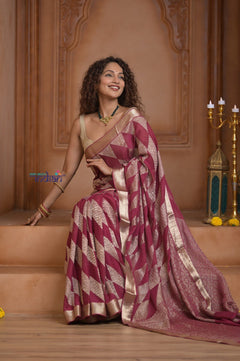 Shubh Lakshmi ~ Handloom Pure Mysore Silk Crushed Crepe Saree in Mauve Pink Gold (Silk Mark Certified) - verymuchindian.com