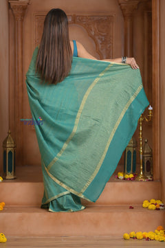 Shubh Lakshmi ~ Handloom Pure Mysore Silk Crushed Crepe Saree in Sea Blue (Silk Mark Certified) - verymuchindian.com