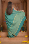 Shubh Lakshmi ~ Handloom Pure Mysore Silk Crushed Crepe Saree in Sea Blue (Silk Mark Certified) - verymuchindian.com