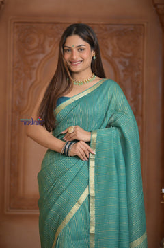 Shubh Lakshmi ~ Handloom Pure Mysore Silk Crushed Crepe Saree in Sea Blue (Silk Mark Certified) - verymuchindian.com