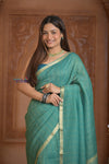 Shubh Lakshmi ~ Handloom Pure Mysore Silk Crushed Crepe Saree in Sea Blue (Silk Mark Certified) - verymuchindian.com