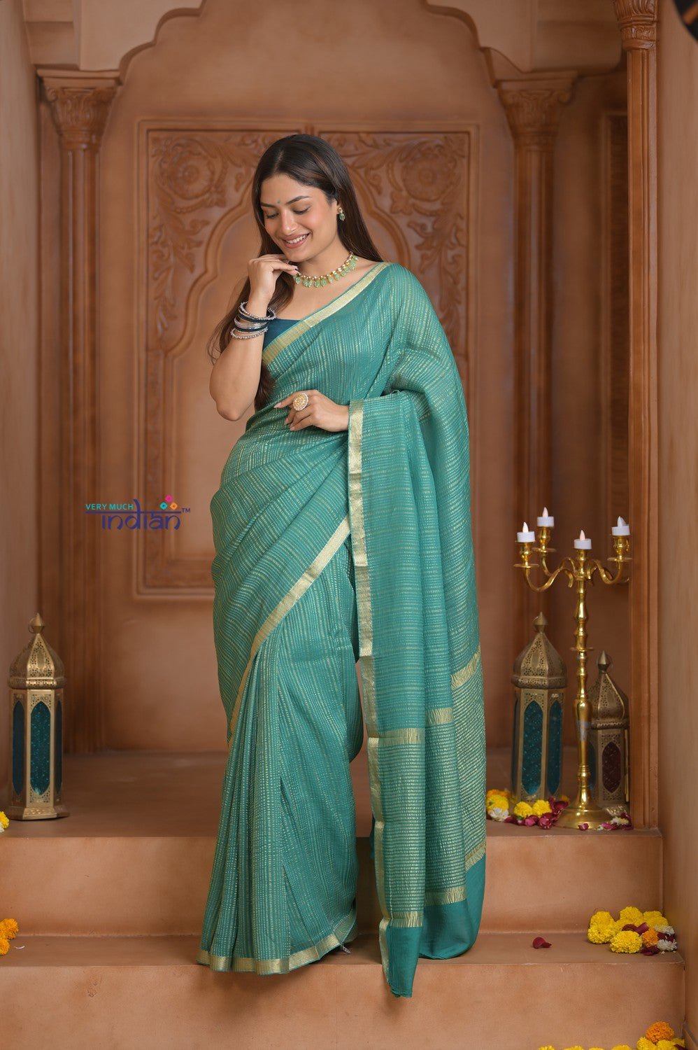 Shubh Lakshmi ~ Handloom Pure Mysore Silk Crushed Crepe Saree in Sea Blue (Silk Mark Certified) - verymuchindian.com