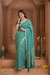 Shubh Lakshmi ~ Handloom Pure Mysore Silk Crushed Crepe Saree in Sea Blue (Silk Mark Certified) - verymuchindian.com