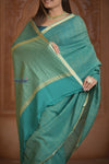 Shubh Lakshmi ~ Handloom Pure Mysore Silk Crushed Crepe Saree in Sea Blue (Silk Mark Certified) - verymuchindian.com
