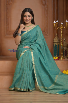 Shubh Lakshmi ~ Handloom Pure Mysore Silk Crushed Crepe Saree in Sea Blue (Silk Mark Certified) - verymuchindian.com