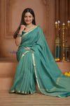 Shubh Lakshmi ~ Handloom Pure Mysore Silk Crushed Crepe Saree in Sea Blue (Silk Mark Certified) - verymuchindian.com