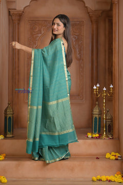 Shubh Lakshmi ~ Handloom Pure Mysore Silk Crushed Crepe Saree in Sea Blue (Silk Mark Certified) - verymuchindian.com