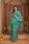 Shubh Lakshmi ~ Handloom Pure Mysore Silk Crushed Crepe Saree in Sea Blue (Silk Mark Certified) - verymuchindian.com