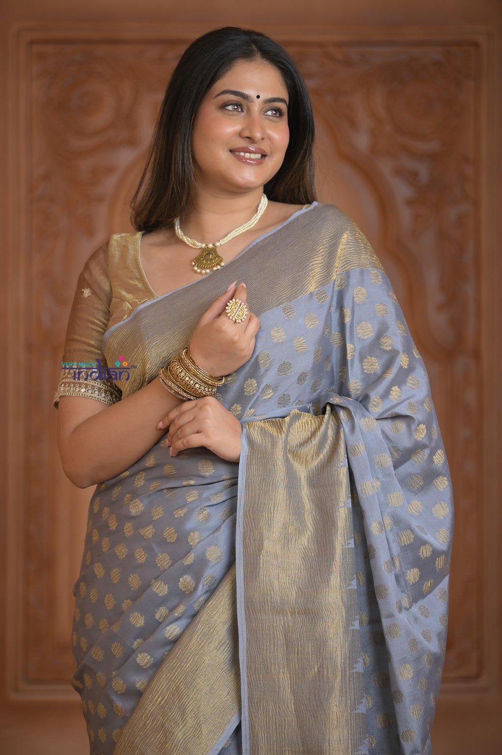 Shubh Lakshmi ~ Handloom Pure Mysore Silk Crushed Crepe Saree in Starlight Grey (Silk Mark Certified) - verymuchindian.com