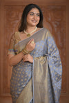 Shubh Lakshmi ~ Handloom Pure Mysore Silk Crushed Crepe Saree in Starlight Grey (Silk Mark Certified) - verymuchindian.com