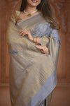 Shubh Lakshmi ~ Handloom Pure Mysore Silk Crushed Crepe Saree in Starlight Grey (Silk Mark Certified) - verymuchindian.com
