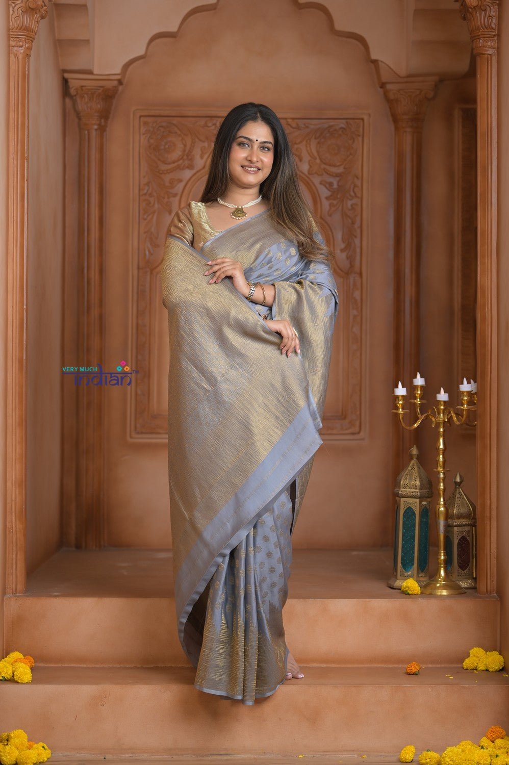 Shubh Lakshmi ~ Handloom Pure Mysore Silk Crushed Crepe Saree in Starlight Grey (Silk Mark Certified) - verymuchindian.com