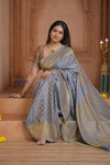 Shubh Lakshmi ~ Handloom Pure Mysore Silk Crushed Crepe Saree in Starlight Grey (Silk Mark Certified) - verymuchindian.com