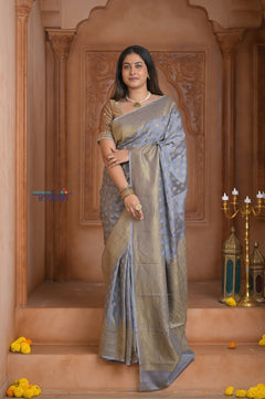 Shubh Lakshmi ~ Handloom Pure Mysore Silk Crushed Crepe Saree in Starlight Grey (Silk Mark Certified) - verymuchindian.com