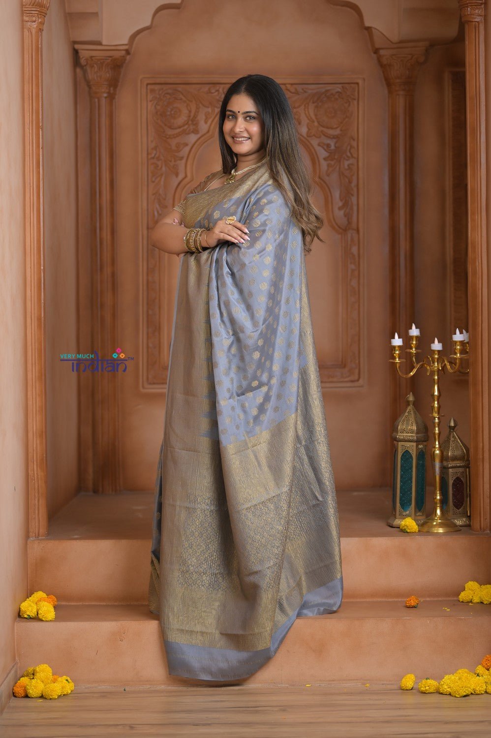 Shubh Lakshmi ~ Handloom Pure Mysore Silk Crushed Crepe Saree in Starlight Grey (Silk Mark Certified) - verymuchindian.com