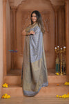 Shubh Lakshmi ~ Handloom Pure Mysore Silk Crushed Crepe Saree in Starlight Grey (Silk Mark Certified) - verymuchindian.com