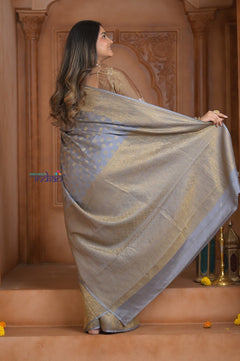 Shubh Lakshmi ~ Handloom Pure Mysore Silk Crushed Crepe Saree in Starlight Grey (Silk Mark Certified) - verymuchindian.com