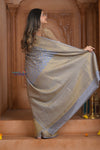 Shubh Lakshmi ~ Handloom Pure Mysore Silk Crushed Crepe Saree in Starlight Grey (Silk Mark Certified) - verymuchindian.com