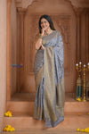 Shubh Lakshmi ~ Handloom Pure Mysore Silk Crushed Crepe Saree in Starlight Grey (Silk Mark Certified) - verymuchindian.com