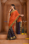 Shubh Lakshmi ~ Handloom Pure Mysore Silk Patli Pallu Crepe Saree in Orange and Dark Blue (Silk Mark Certified) - verymuchindian.com