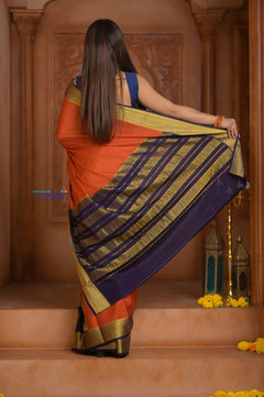 Shubh Lakshmi ~ Handloom Pure Mysore Silk Patli Pallu Crepe Saree in Orange and Dark Blue (Silk Mark Certified) - verymuchindian.com