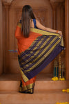 Shubh Lakshmi ~ Handloom Pure Mysore Silk Patli Pallu Crepe Saree in Orange and Dark Blue (Silk Mark Certified) - verymuchindian.com