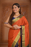Shubh Lakshmi ~ Handloom Pure Mysore Silk Patli Pallu Crepe Saree in Orange and Dark Blue (Silk Mark Certified) - verymuchindian.com