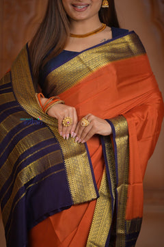 Shubh Lakshmi ~ Handloom Pure Mysore Silk Patli Pallu Crepe Saree in Orange and Dark Blue (Silk Mark Certified) - verymuchindian.com