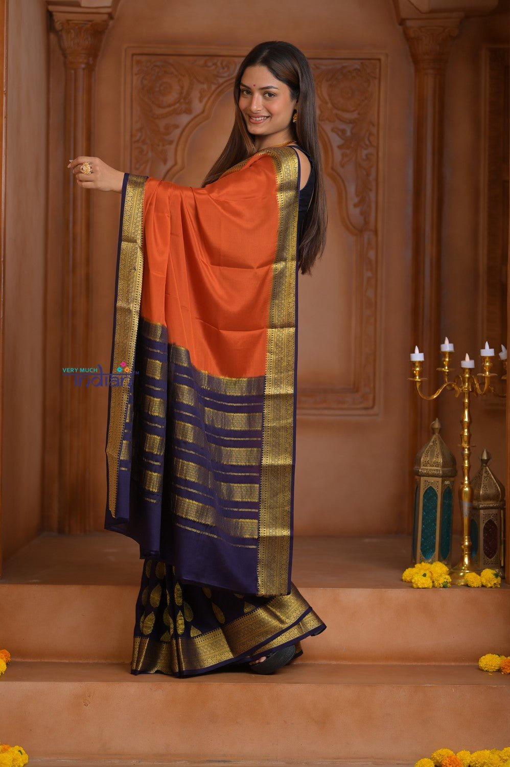 Shubh Lakshmi ~ Handloom Pure Mysore Silk Patli Pallu Crepe Saree in Orange and Dark Blue (Silk Mark Certified) - verymuchindian.com