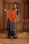 Shubh Lakshmi ~ Handloom Pure Mysore Silk Patli Pallu Crepe Saree in Orange and Dark Blue (Silk Mark Certified) - verymuchindian.com