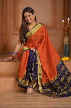 Shubh Lakshmi ~ Handloom Pure Mysore Silk Patli Pallu Crepe Saree in Orange and Dark Blue (Silk Mark Certified) - verymuchindian.com