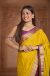 Shubh Lakshmi ~ Handloom Pure Mysore Silk Patli Pallu Crepe Saree in Yellow and Mauve Pink (Silk Mark Certified) - verymuchindian.com