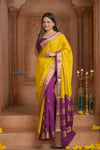 Shubh Lakshmi ~ Handloom Pure Mysore Silk Patli Pallu Crepe Saree in Yellow and Mauve Pink (Silk Mark Certified) - verymuchindian.com