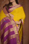 Shubh Lakshmi ~ Handloom Pure Mysore Silk Patli Pallu Crepe Saree in Yellow and Mauve Pink (Silk Mark Certified) - verymuchindian.com