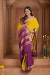 Shubh Lakshmi ~ Handloom Pure Mysore Silk Patli Pallu Crepe Saree in Yellow and Mauve Pink (Silk Mark Certified) - verymuchindian.com