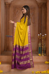 Shubh Lakshmi ~ Handloom Pure Mysore Silk Patli Pallu Crepe Saree in Yellow and Mauve Pink (Silk Mark Certified) - verymuchindian.com