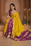 Shubh Lakshmi ~ Handloom Pure Mysore Silk Patli Pallu Crepe Saree in Yellow and Mauve Pink (Silk Mark Certified) - verymuchindian.com