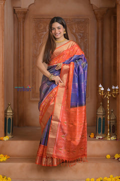 Shubh Lakshmi ~ Handloom Pure Silk Brocade Ikkat Patola Saree in Marine Blue and Red (Silk Mark Certified) - verymuchindian.com