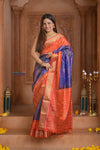 Shubh Lakshmi ~ Handloom Pure Silk Brocade Ikkat Patola Saree in Marine Blue and Red (Silk Mark Certified) - verymuchindian.com