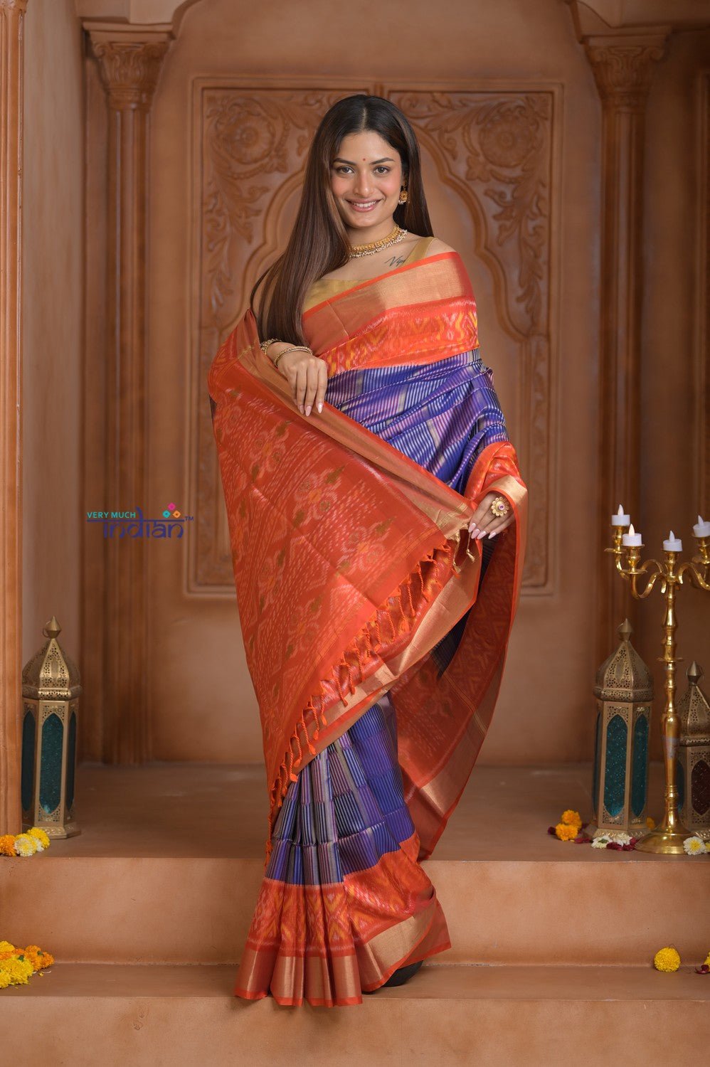 Shubh Lakshmi ~ Handloom Pure Silk Brocade Ikkat Patola Saree in Marine Blue and Red (Silk Mark Certified) - verymuchindian.com