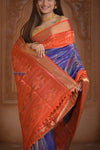 Shubh Lakshmi ~ Handloom Pure Silk Brocade Ikkat Patola Saree in Marine Blue and Red (Silk Mark Certified) - verymuchindian.com