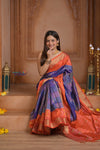 Shubh Lakshmi ~ Handloom Pure Silk Brocade Ikkat Patola Saree in Marine Blue and Red (Silk Mark Certified) - verymuchindian.com