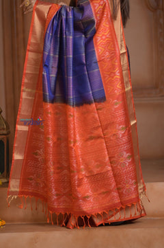 Shubh Lakshmi ~ Handloom Pure Silk Brocade Ikkat Patola Saree in Marine Blue and Red (Silk Mark Certified) - verymuchindian.com