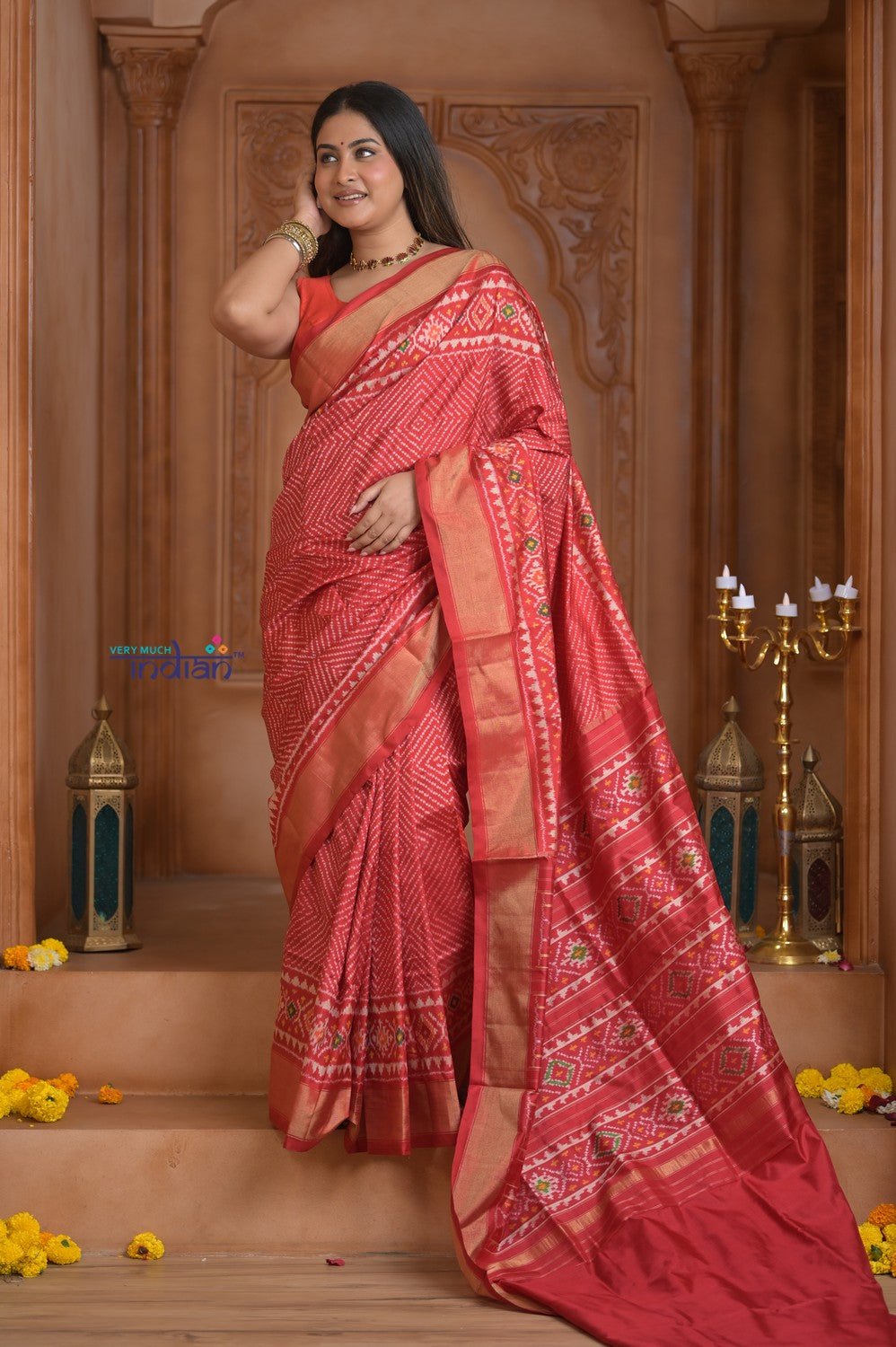Shubh Lakshmi ~ Handloom Pure Silk Ikkat Patola Saree in Bright Red (Silk Mark Certified) - verymuchindian.com
