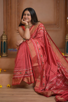 Shubh Lakshmi ~ Handloom Pure Silk Ikkat Patola Saree in Bright Red (Silk Mark Certified) - verymuchindian.com